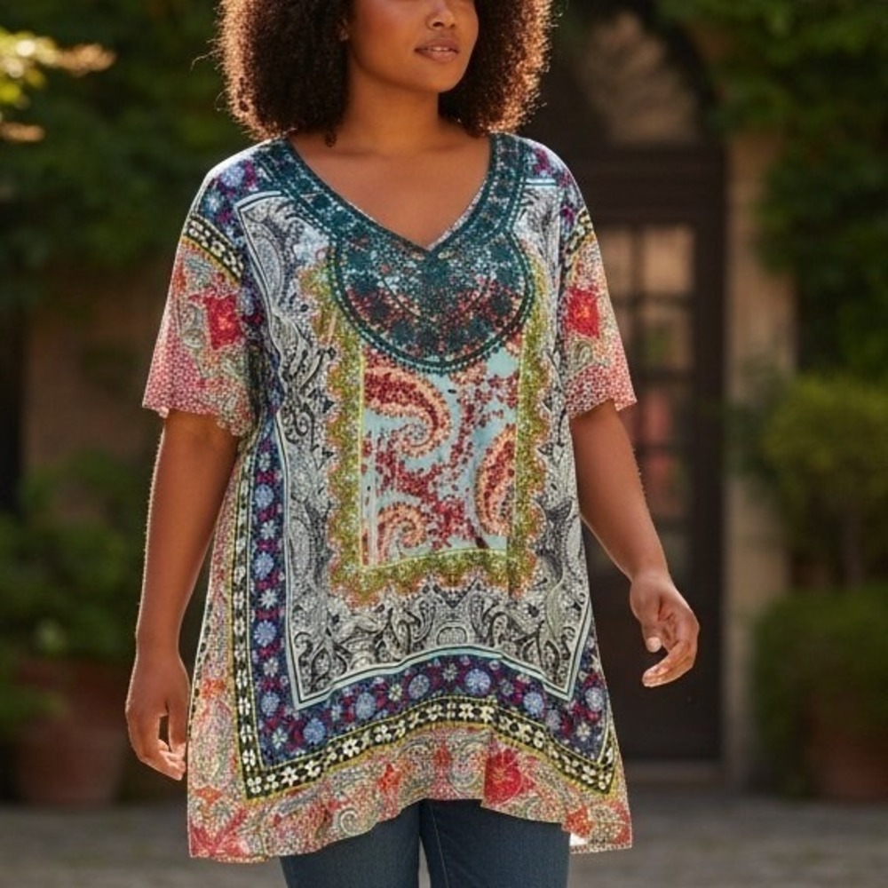 Live and Let Live Womens XXL Paisley Beaded V-Neck Tunic Top Multi-Color Boho